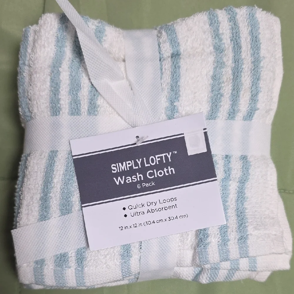 Simply Lofty White & Light Blue Striped Wash Cloths 6pk - Set of 2